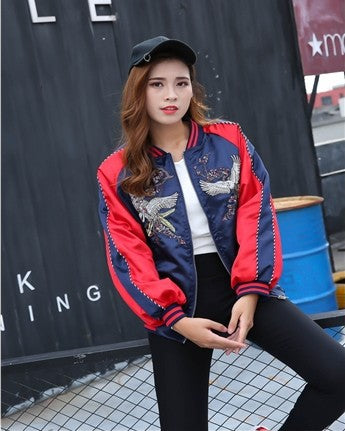 Winter Couple Crane Embroidery Jacket Coat Baseball Uniform