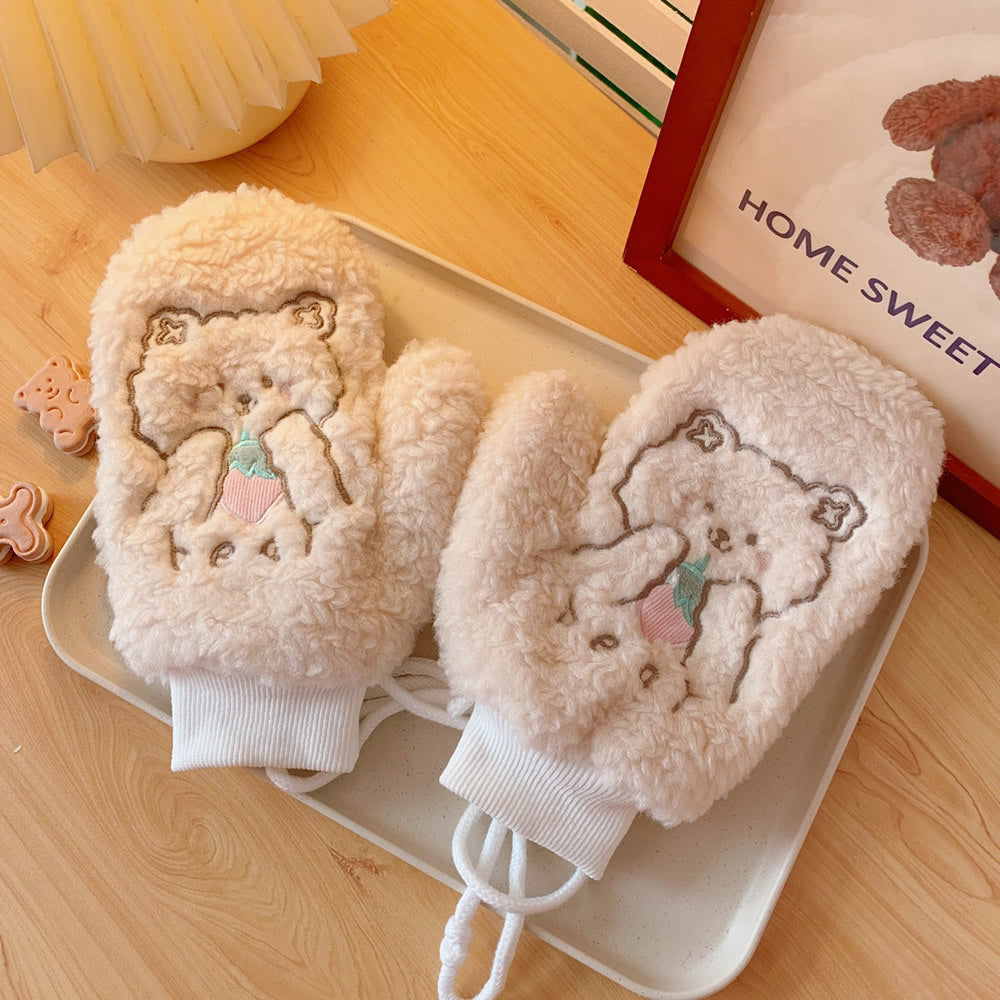 Plush Gloves Fleece-lined Thick Windproof Warm Plush Full Finger Halter