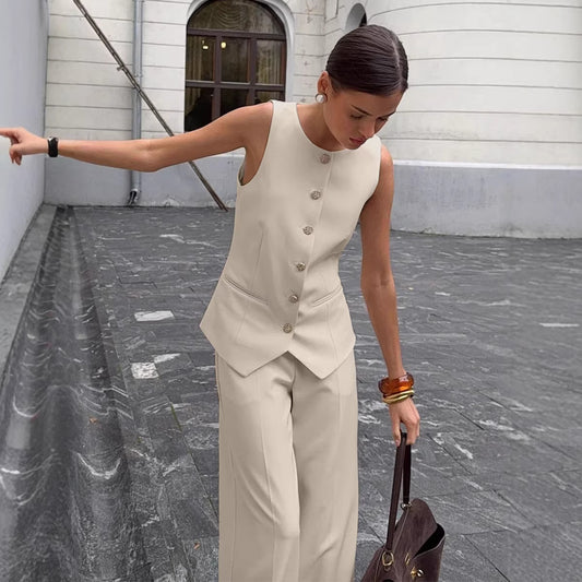Elegant Commuter Vest And Wide-Leg Pants Two-Piece Set