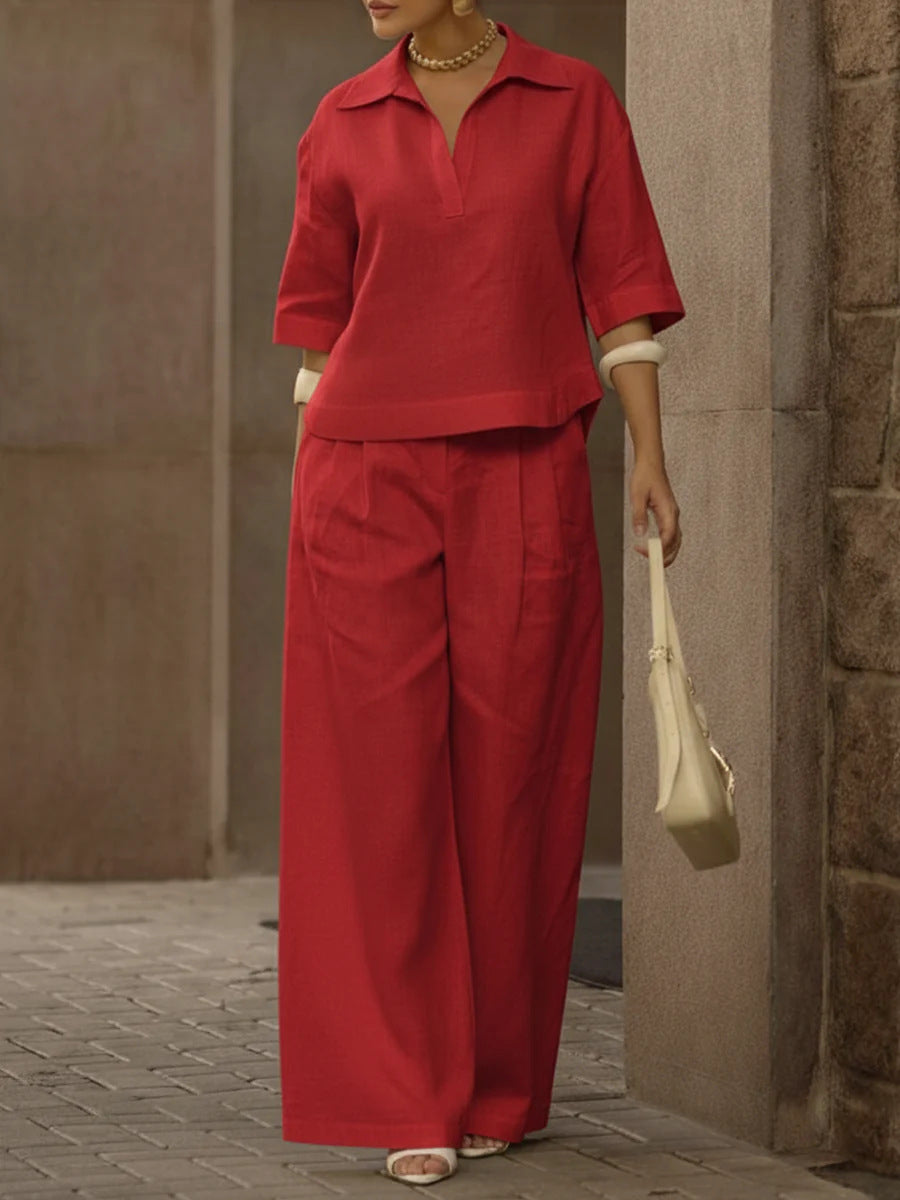 Solid-color Slimming Versatile Wide-leg Pants Two-piece Set