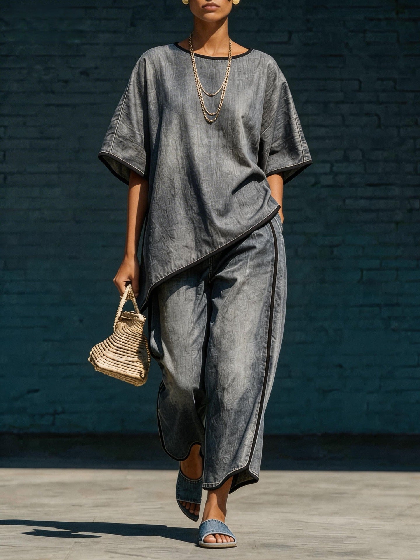 Elegant fritidssæt med vidde ben i denim-stil