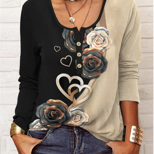 Women's Long-Sleeve Printed V-Neck Loose T-Shirt