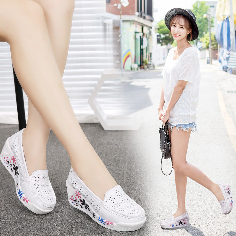 Hollow Leather Floral Women's Single Shoes Leather Nurse Platform Shoes