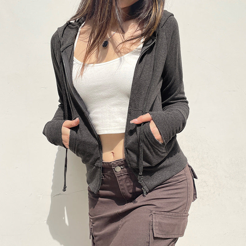 Womens Solid-Color Ribbed Hoodie With Zippered Pockets And Panelled Design