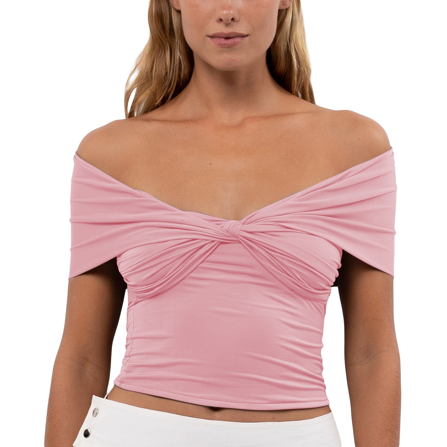 Ensfarvet ærme, off-shoulder, plisseret, stram, kort top