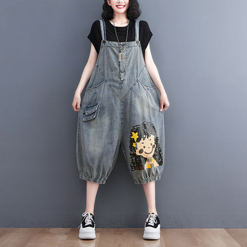 Women's Large Size Loose Thin Denim Overalls