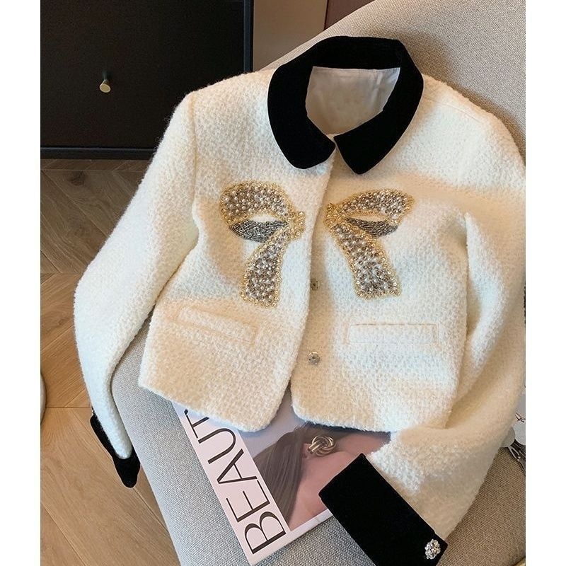 Classic Style Heavy Industry Beads Bow Stitching Turn-down Collar Coat