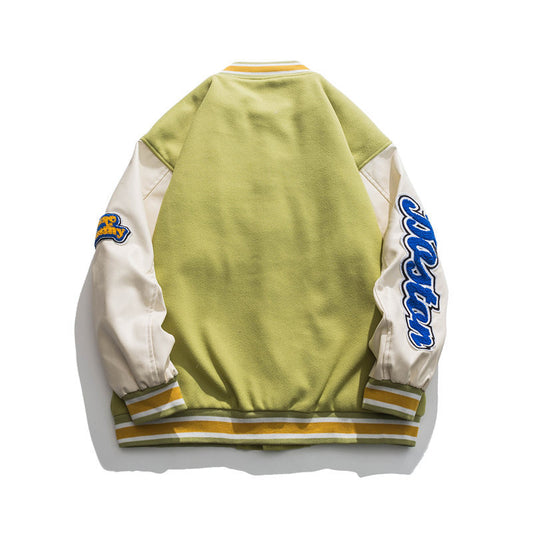 Mænds japanske street fashion kontrastfarvet patchwork løs jakke med opretstående krave