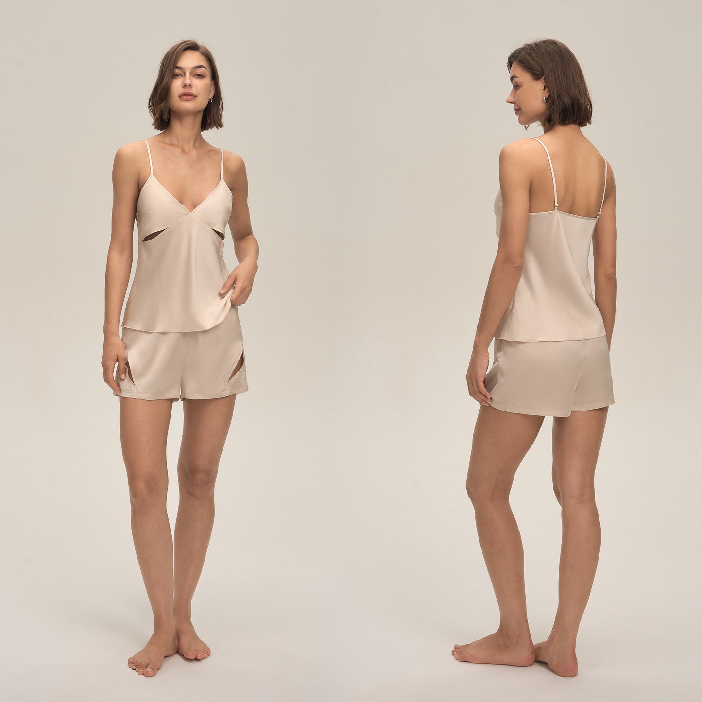 Satin Chiffon Cami Shorts Pajama Set For Home Wear