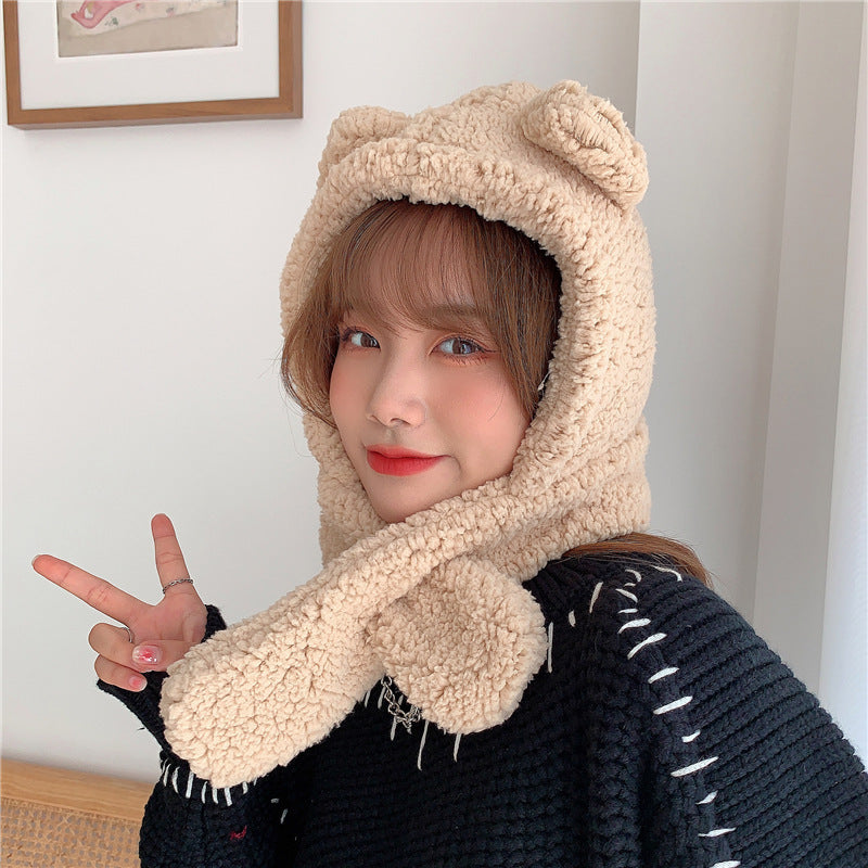 Women's Fashionable And Warm Solid Colour Bear Ears Hat Scarf