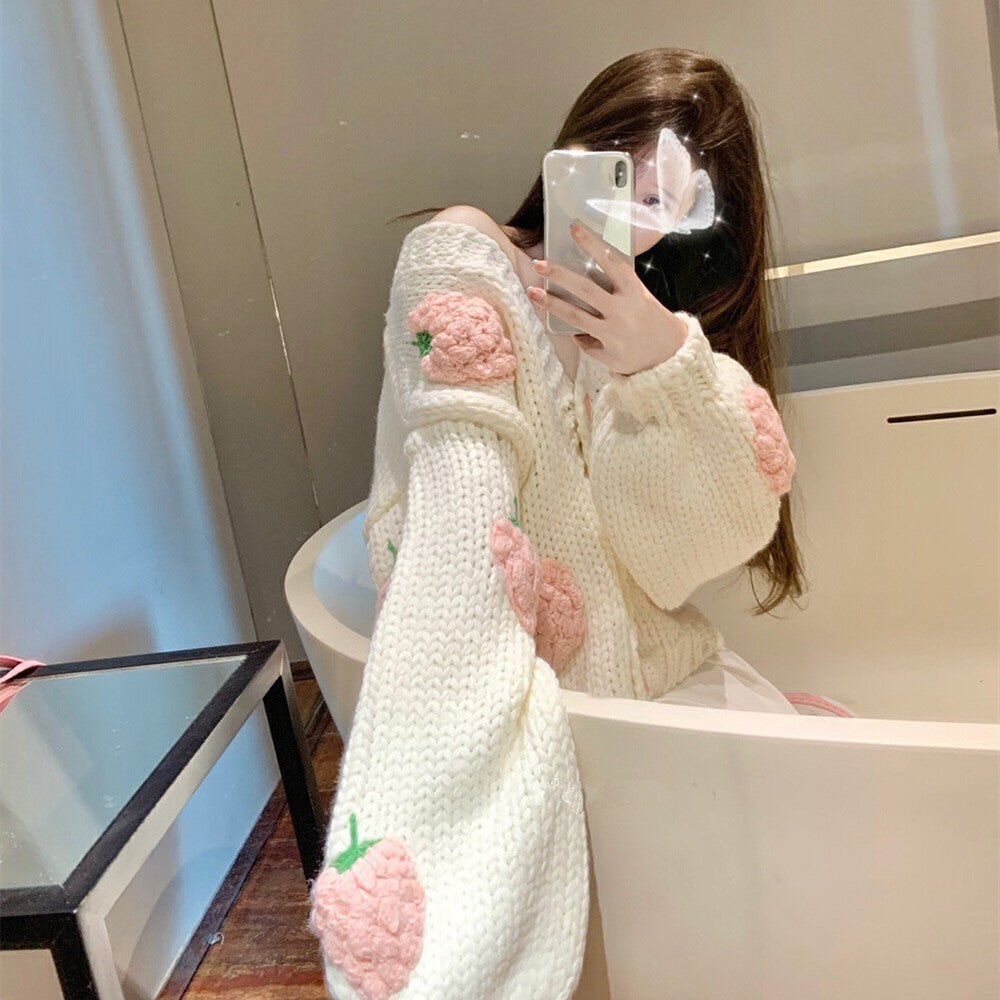 New Handmade Strawberry Lantern Sleeve Warm Sweater