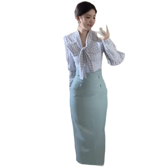 Spring And Autumn High Waist Slimming Hip-wrapped Mid-length Dress Two-piece Set