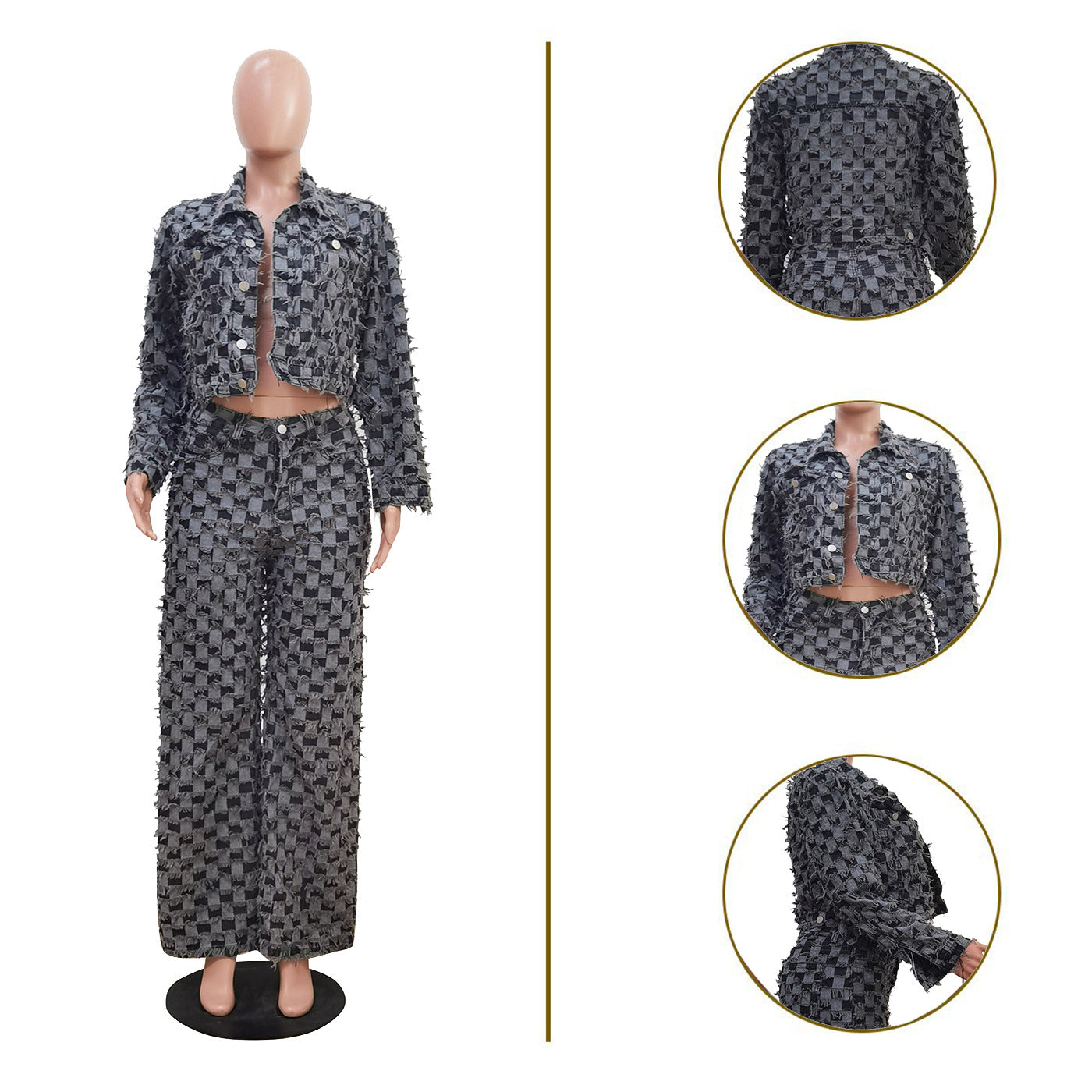 Casual Jacquard Plaid Washed Denim Suit