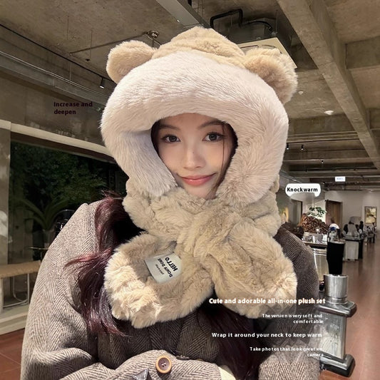 Hat Scarf One Female Student Cute Warm Winter Plush Pullover Ear Protection