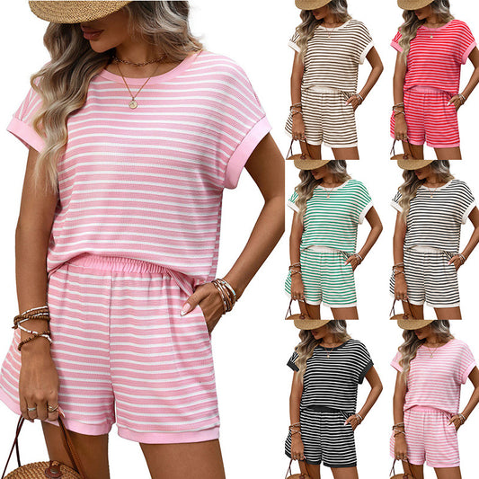 Women's Round Neck Spliced Short Sleeve Shorts Fashionable Casual Two-piece Set
