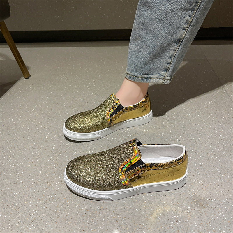 Flat Bottom Snake Pattern Pumps Female Sequins Round Toe Board Shoes