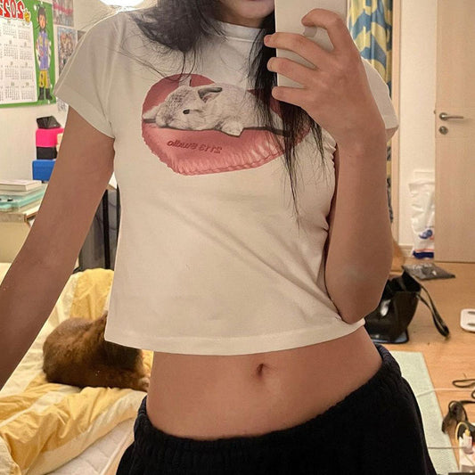 Personalized Trend Cute Rabbit Printed Short T-shirt