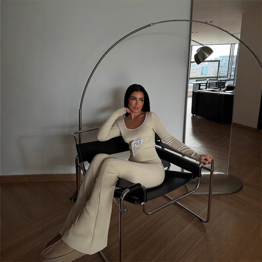 Long-sleeve Drawstring Top And Floor-length Pants Two-piece Set