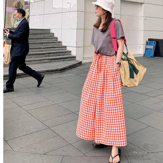 Summer Plaid Wide-leg Cotton And Linen Culottes Elastic High Waist Slimming
