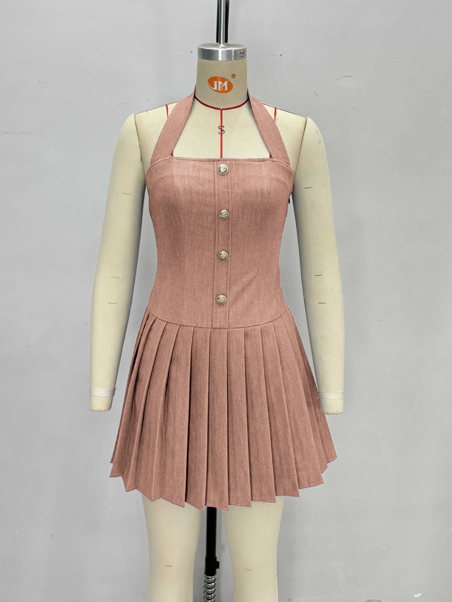 Womens Sleeveless Halterneck Pleated Mini Dress