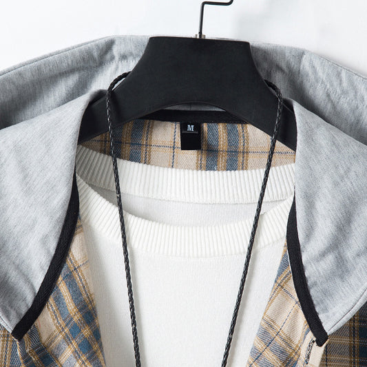 Men's Casual Plaid Long Sleeve Hooded Shirt