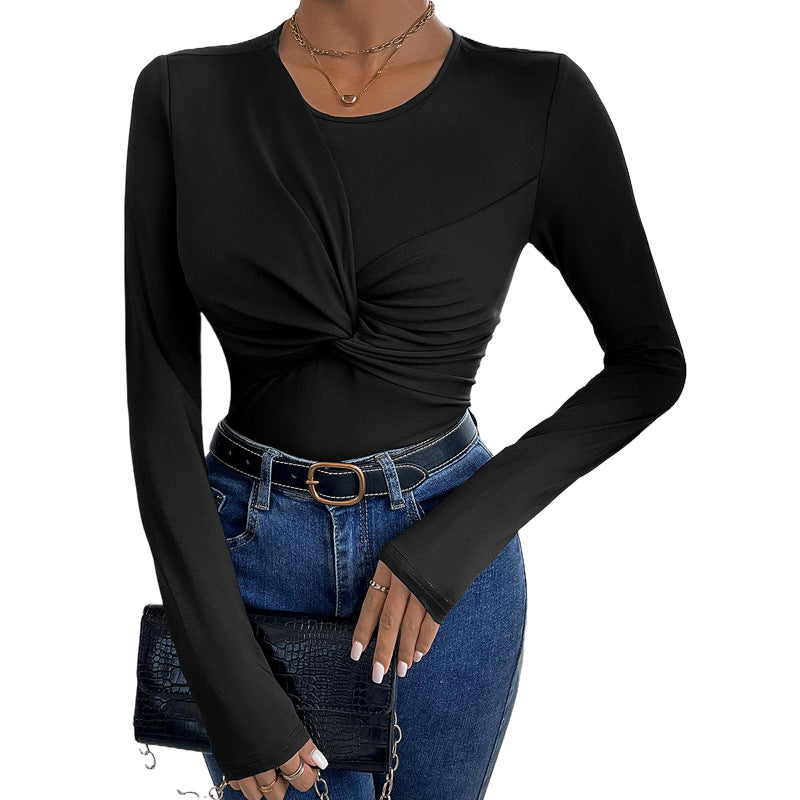 Ensfarvet Minimalistisk Sort Bodysuit med Snoet Krave