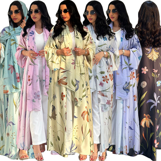 Womens Printed Two-Piece Set Long Robe With Hoodie Coat