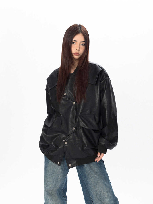 Three-dimensional Pocket Irregular Placket Leather Coat Loose Top