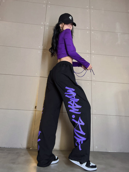 Women's Black Purple Drawstring Printed Jazz Sweatpants