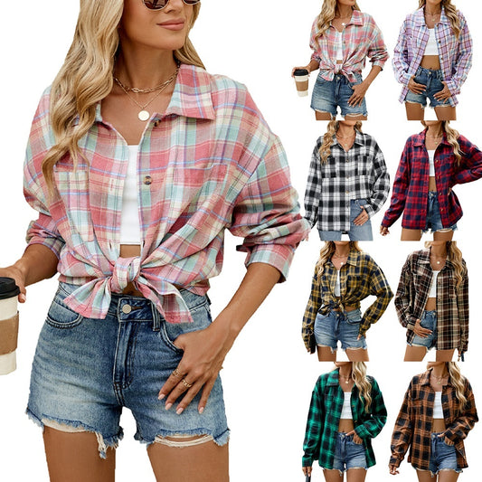 Lapel Plaid Contrast Color Striped Long Sleeve Shirt Coat