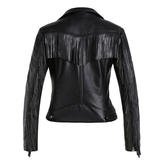 European And American Tassel Oblique Zipper Leather Women's Slim Coat Motorcycle Street