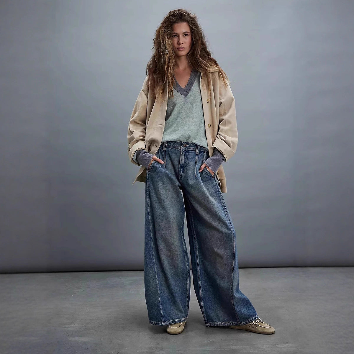 Womens Fashionable Retro Wide-Leg Denim Jeans