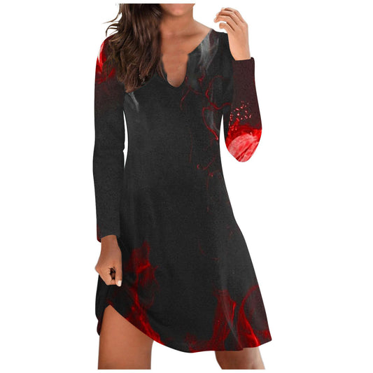 Womens Casual Graffiti Printed Long-Sleeve Dress