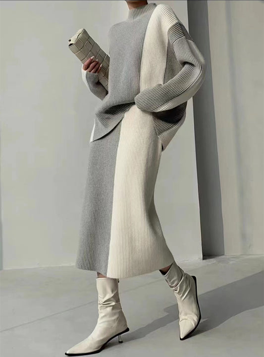 Color-block Design Sweater Skirt Set For Women