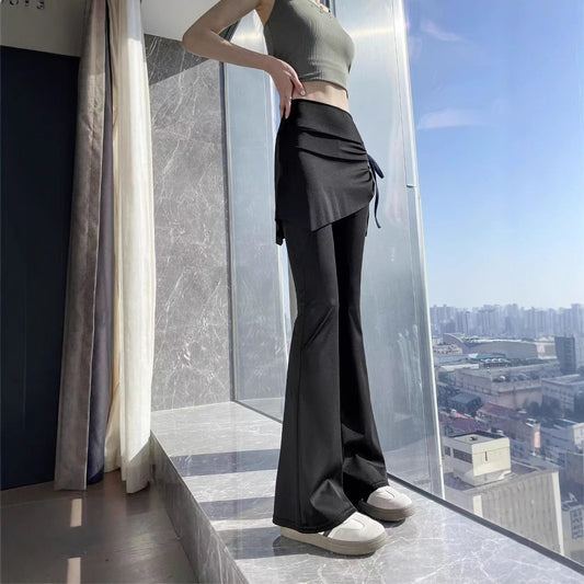 Womens Solid-Color Mock Two-Piece Cropped Flare Pants With Drawstring