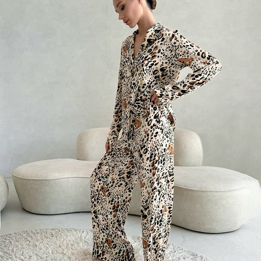 Leopard Print Floral Cardigan Pajamas For Women Long Sleeve Top And Pants For Lounging At Home