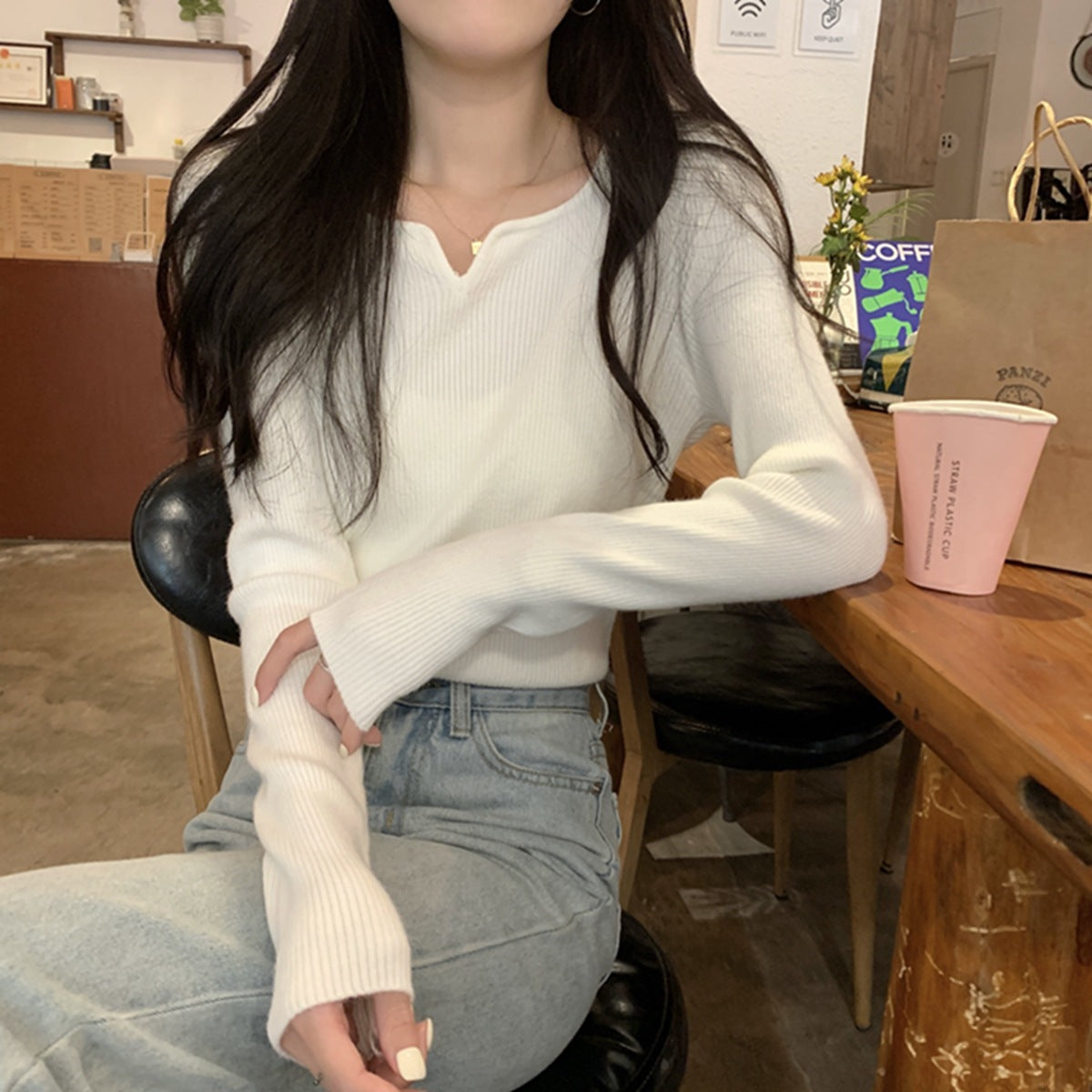 Slim Fit Square Collar Niche Female Knitting Sweater
