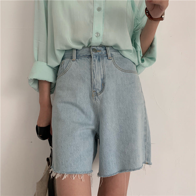 High-waisted Wide-leg Denim Shorts With Raw Edges