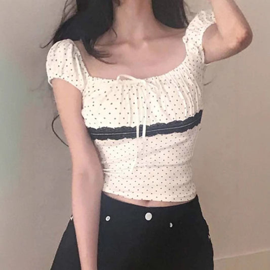 Women's Polka Dot Lace Stitching Tied Square Collar Short Sleeve Top