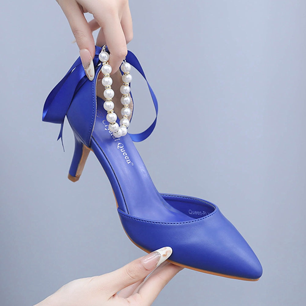 Mid Heel Rhinestone 7cm Beaded Ribbon Sandals Matte Soft PU Leather Dress Shoes For Women
