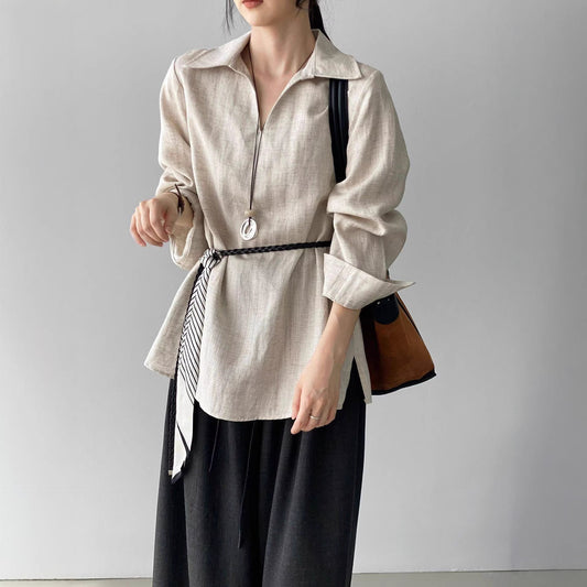 Women's Casual Shirt And Elastic-Waist Wide-Leg Pants Two-Piece Set