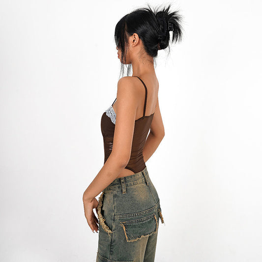 Padded Strap Jumpsuit Female Lace Floral Border Mesh
