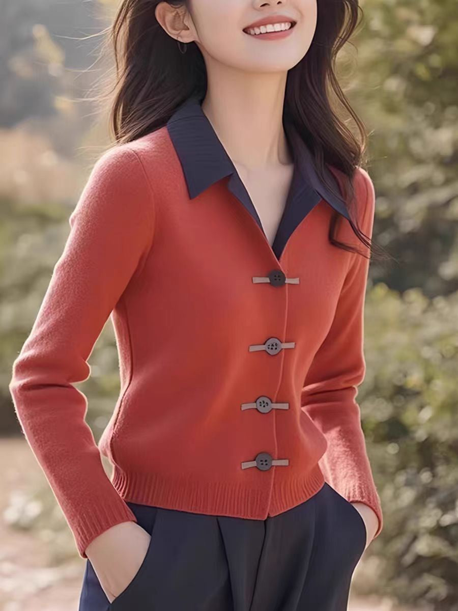 Womens Minimalist Elegant New Chinese-Style Knot-Button Knitted Top