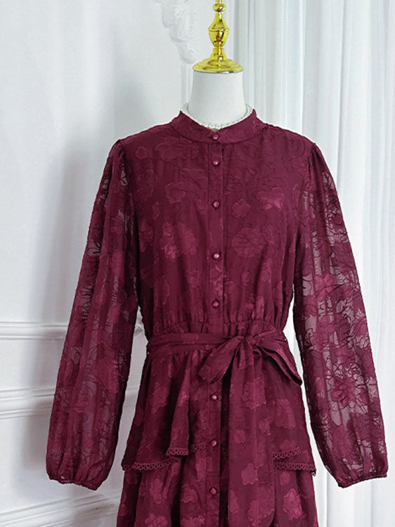 Round Neck Long Sleeve Lace Embroidered Long Cake Dress