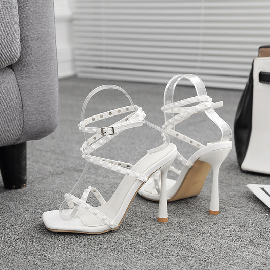 Women's Cross Strap Slip-on Square Toe Spray Paint Stiletto High Heel Sandals