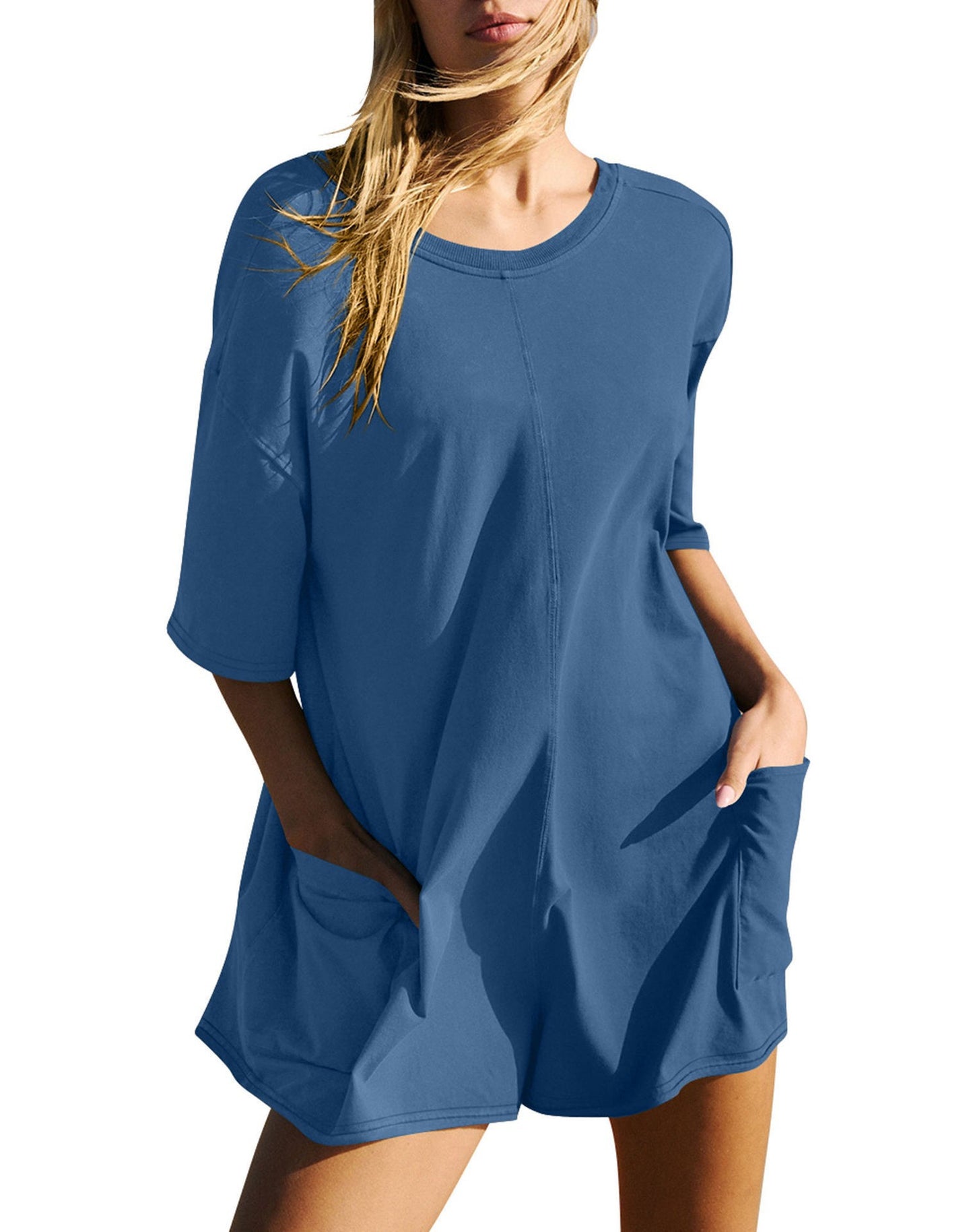 Casual Loose Short-sleeved Jumpsuit With Pockets New Crew Neck Shorts Overall Pants Summer Womens Clothing