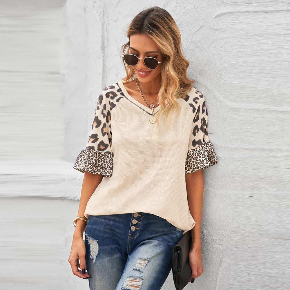 Leopard Print Stitching Five-point Sleeve Top Bottoming Shirt Small V-neck Pullover