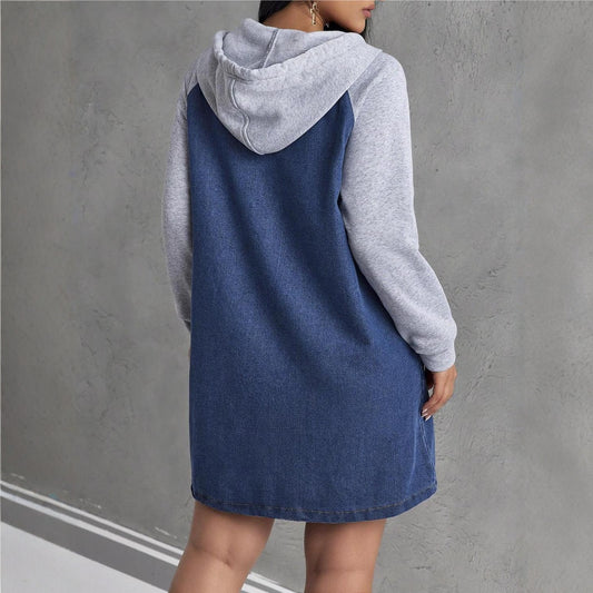 Womens Casual Patchwork Drawstring Hooded Denim Dress