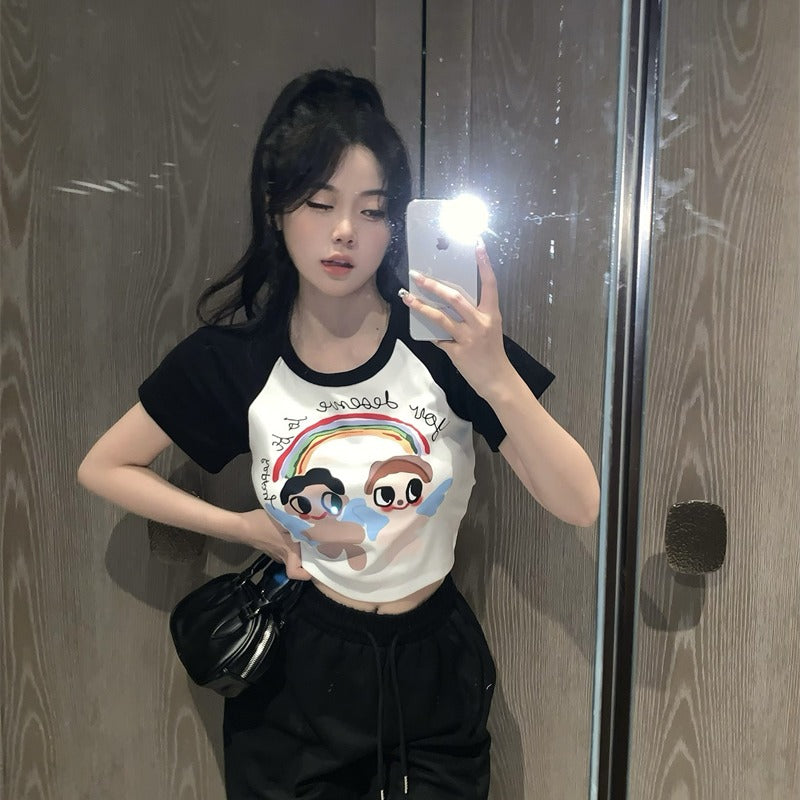Women's Slim New White Cartoon Print Contrast Crew Neck T-Shirt