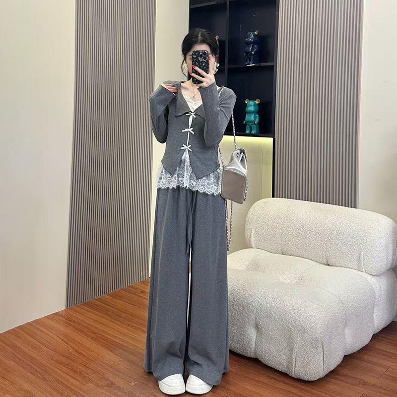 Temperament Lace Cardigan Top Slimming Wide-leg Pants Two-piece Set